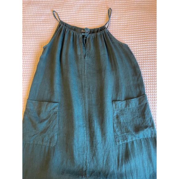 Meo Meli Linen Green Spaghetti Strap Halter Relaxed Fit Front Slit Maxi Dress XL - Picture 11 of 12